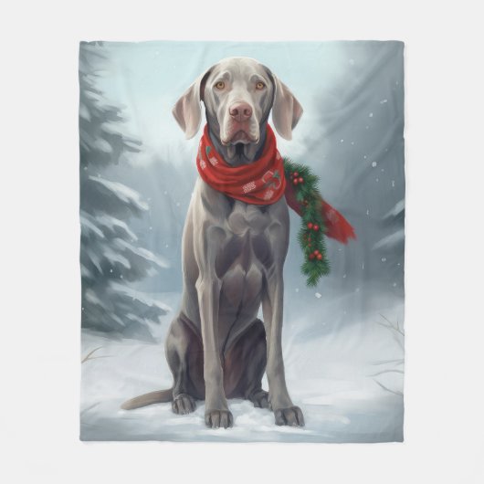 Couverture Polaire Chien Weimaraner à Noël de neige (Devant)