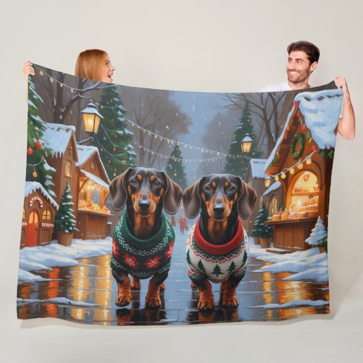 Couverture Polaire Chiens teckel Noël Neige Fêtes (En situation)