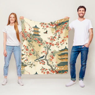 Couverture Polaire Chinoiserie Élégante - Pagodes, Fleurs et Oiseaux