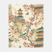 Couverture Polaire Chinoiserie Élégante - Pagodes, Fleurs et Oiseaux (Devant)