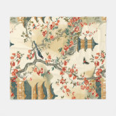 Couverture Polaire Chinoiserie Élégante - Pagodes, Fleurs et Oiseaux (Devant (Horizontal))