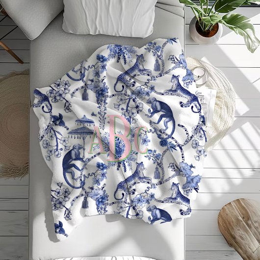 Couverture Polaire Chinoiserie Jungle Toile | Monogramme bleu et blan