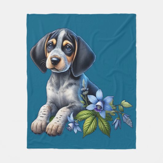 Couverture Polaire Chiot bleu Tick Hound avec Fleurs Bleues Delicate (Devant)