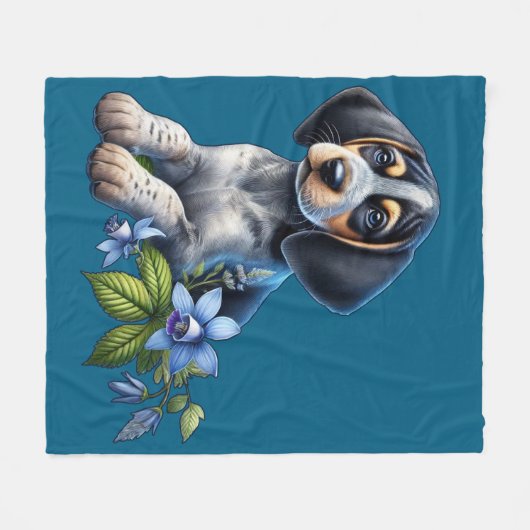 Couverture Polaire Chiot bleu Tick Hound avec Fleurs Bleues Delicate (Devant (Horizontal))
