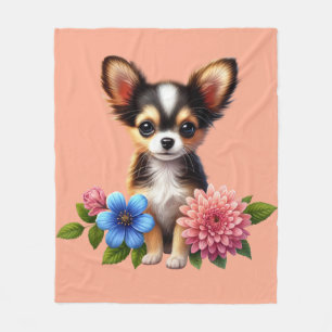 Couverture Polaire Chiot Chihuahua avec Fleurs Décoratives