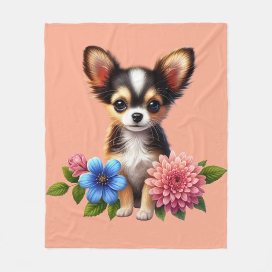Couverture Polaire Chiot Chihuahua avec Fleurs Décoratives (Devant)