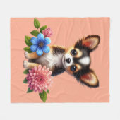 Couverture Polaire Chiot Chihuahua avec Fleurs Décoratives (Devant (Horizontal))