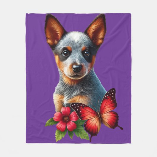 Couverture Polaire Chiot de Heeler mignon avec Papillon et Fleur (Devant)