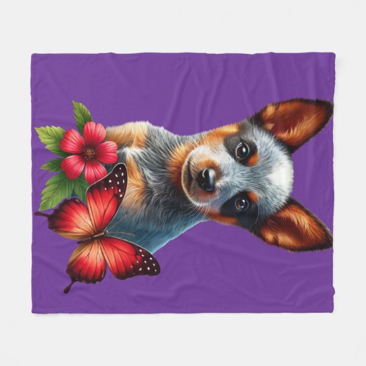 Couverture Polaire Chiot de Heeler mignon avec Papillon et Fleur (Devant (Horizontal))