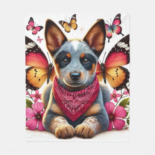 Couverture Polaire Chiot Heeler entouré de papillons et de fleurs (Devant)