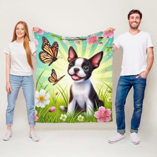 Couverture Polaire Chiot mignon avec fleurs et papillons (En situation)
