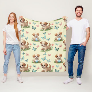 Couverture Polaire Chiots et Papillons Aquarelle Pastel