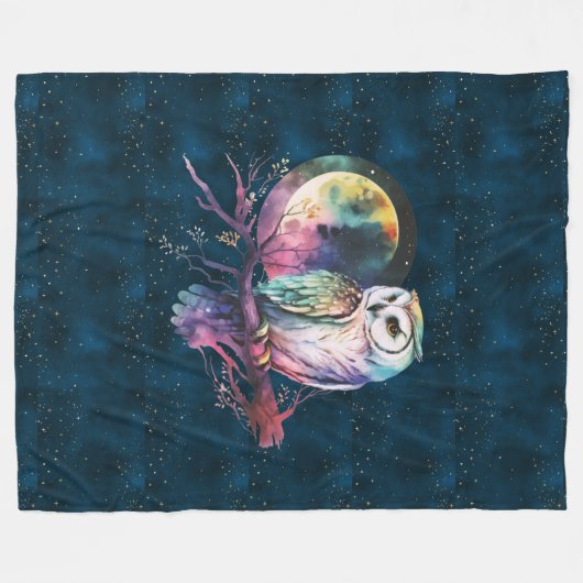 Couverture Polaire Chouette arc-en-ciel mystique et Pleine lune céles (Devant (Horizontal))