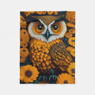Couverture Polaire Chouette avec de grands yeux devant les fleurs