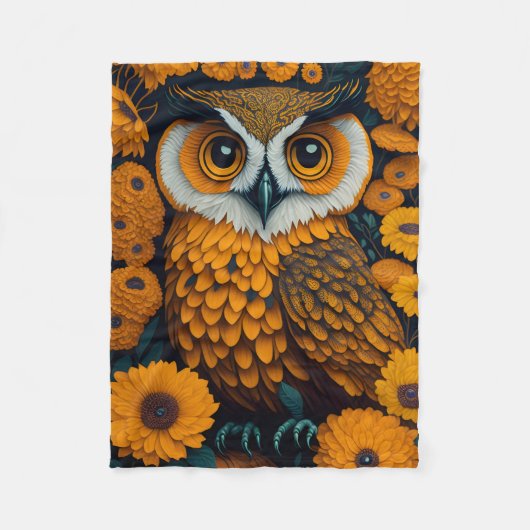 Couverture Polaire Chouette avec de grands yeux devant les fleurs (Devant)