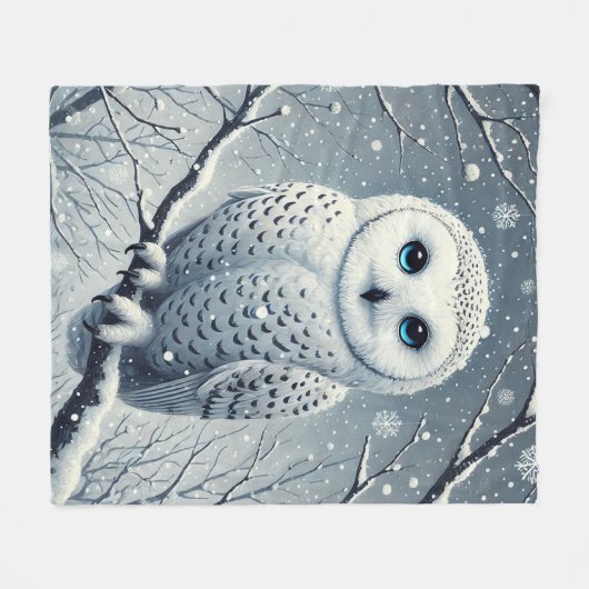Couverture Polaire Chouette des neiges perchée sur une branche de nei (Devant (Horizontal))