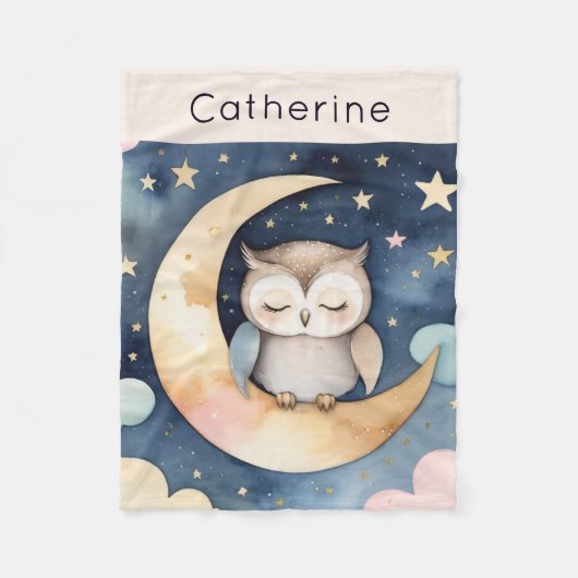 Couverture Polaire Chouette mignonne sur la lune avec ciel nocturne P (Devant)