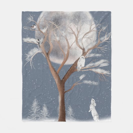 Couverture Polaire Chouette neigeuse dans l'arbre d'hiver et lapin (Devant)