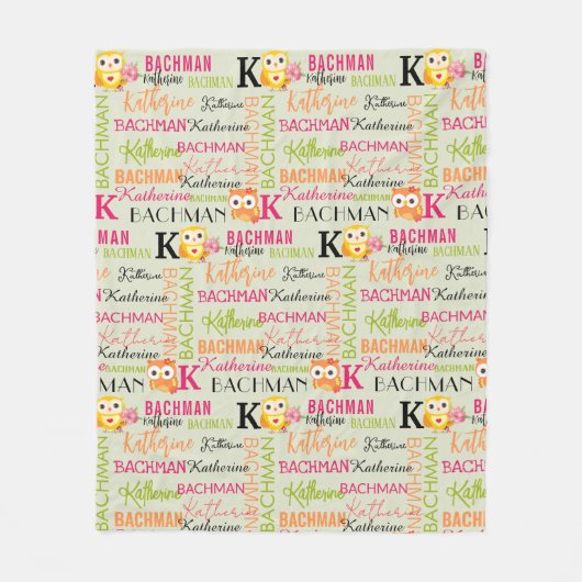 Couverture Polaire Chouette orange jaune avec nom et collage de monog (Devant)