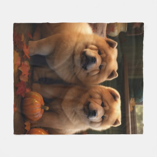 Couverture Polaire Chow Chow Chiot Automne Citrouille de plaisir (Devant (Horizontal))
