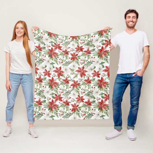Couverture Polaire Christmas Poinsettia in Red and White (En situation)