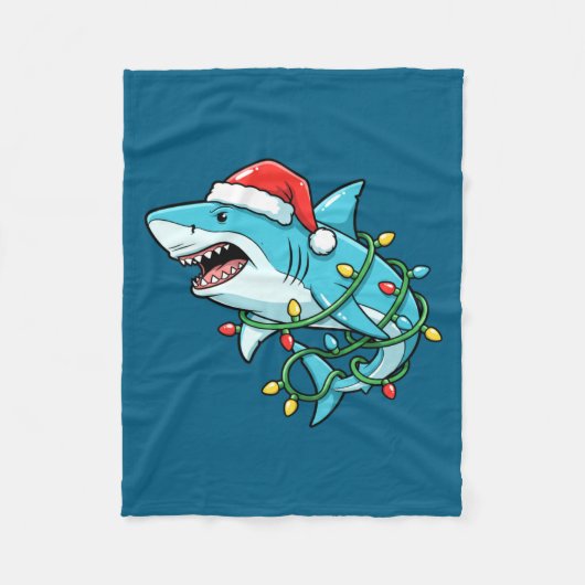 Couverture Polaire Christmas Shark Santa Hat Wrapped In Lights Funny  (Devant)