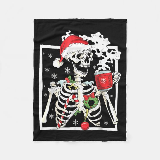 Couverture Polaire Christmas Skeleton With Smiling Skull Drinking Cof (Devant)