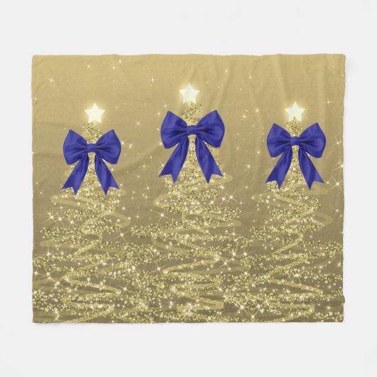 Couverture Polaire Christmas Sparkling Trees Gold Faux Navy Bow (Devant (Horizontal))