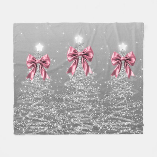 Couverture Polaire Christmas Sparkling Trees Silver Faux Pink Bow (Devant (Horizontal))
