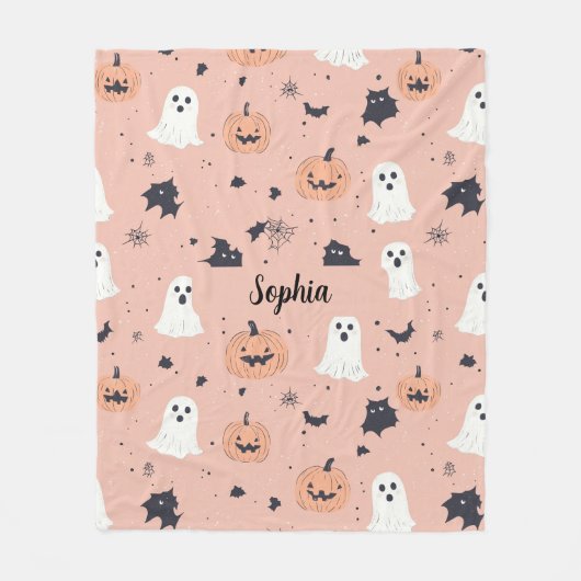 Couverture Polaire Citrouille rose Chat Fantôme Nom personnalisé Hall (Devant)