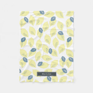 Couverture Polaire Citrus de citron jaune et Motif de feuille gris bl