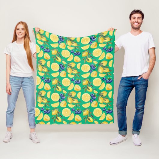 Couverture Polaire Citrus jaune et Motifs bleuets (En situation)