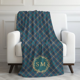 Couverture Polaire Classic Monogram Gold Wreath Green Tartan Plaid