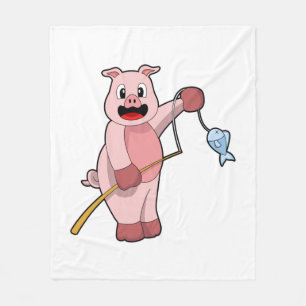 Couverture Polaire Cochon à la pêche avec la canne à pêche et le pois