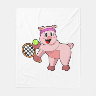 Couverture Polaire Cochon au tennis avec raquette de tennis