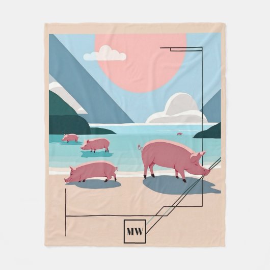 Couverture Polaire Cochons vectoriels chic boho à la plage monogramme (Devant)