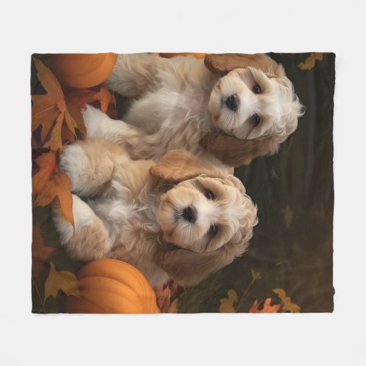 Couverture Polaire Cockapoo Puppy Citrouille d'automne (Devant (Horizontal))