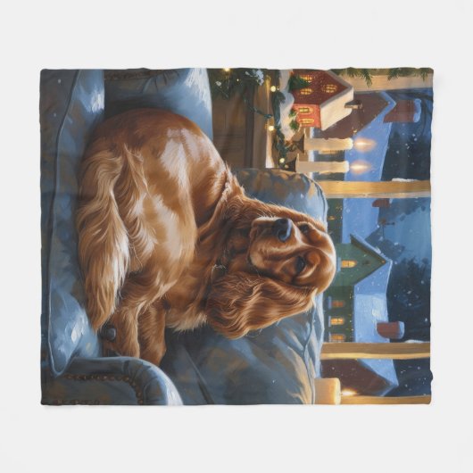 Couverture Polaire Cocker Spaniel avec les lumières de Noël (Devant (Horizontal))