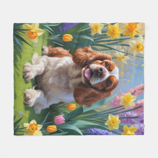 Couverture Polaire Cocker Spaniel Chien Fleurs de printemps de chien (Devant (Horizontal))