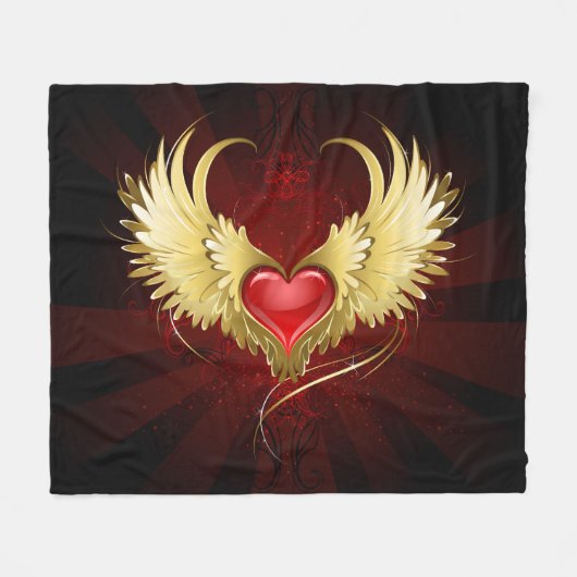 Couverture Polaire Coeur rouge avec ailes d'or (Devant (Horizontal))