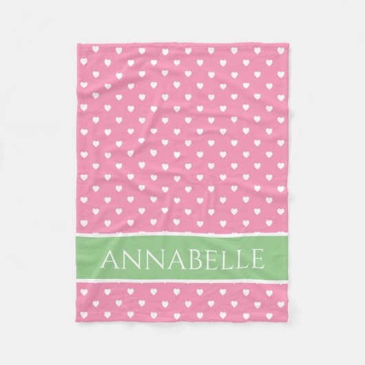 Couverture Polaire Coeurs blancs sur rose avec vert personnalisé (Devant)