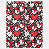 Couverture Polaire Coeurs et fleurs rouges, noirs et blancs Romantiqu (Devant)