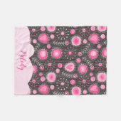Couverture Polaire Coeurs gris rose blanc et nom fleuri (Devant (Horizontal))