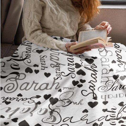 Couverture Polaire Coeurs noirs Nom personnalisé Partout répliqué