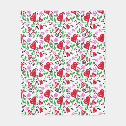 Couverture Polaire Coeurs Saint Valentin rouges Fleurs roses (Devant)