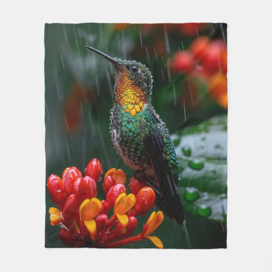 Couverture Polaire Colibri perché sur une fleur vive (Devant)