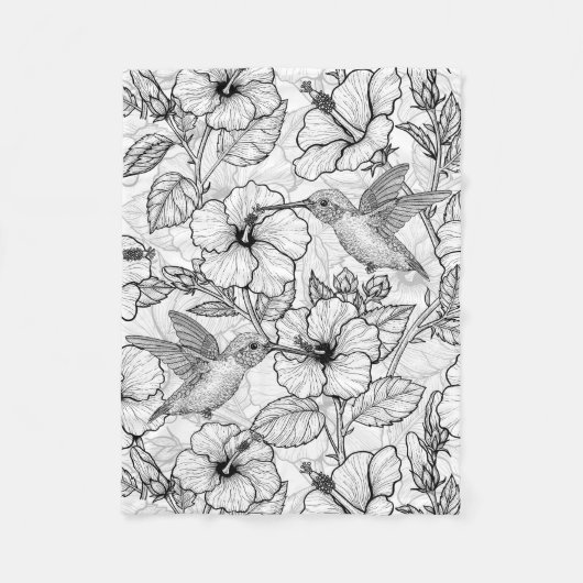 Couverture Polaire Colibris et fleurs d'hibiscus b&w (Devant)