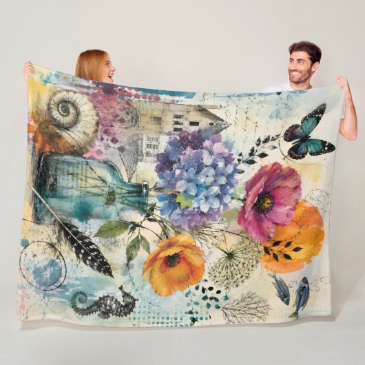 Couverture Polaire Collage d'art mixte botanique vibrant (En situation)