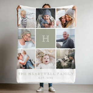 Couverture Polaire Collage de 8 photos de famille Monogramme Vert Sau