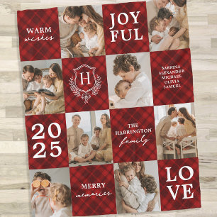 Couverture Polaire Collage de Noël à monogramme de famille à carreaux